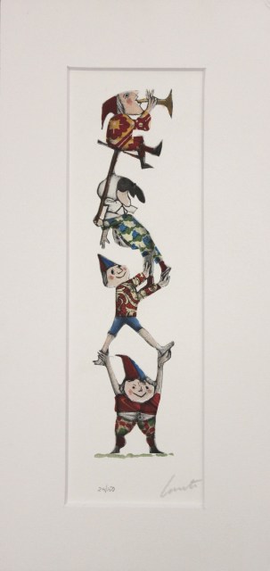 Gli equilibristi - incisione acquerello e collage di Emanuele Luzzati
