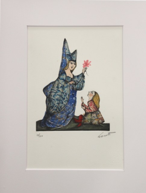 Alice e la fatina - incisione acquerello e collage di Emanuele Luzzati