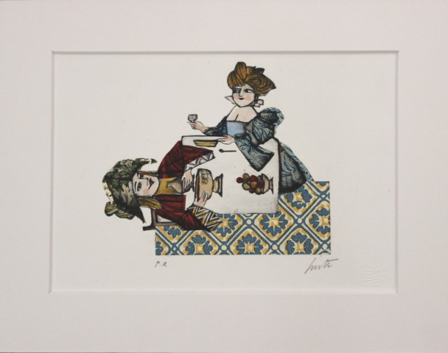 Il Principe a tavola - incisione acquerello e collage di Emanuele Luzzati