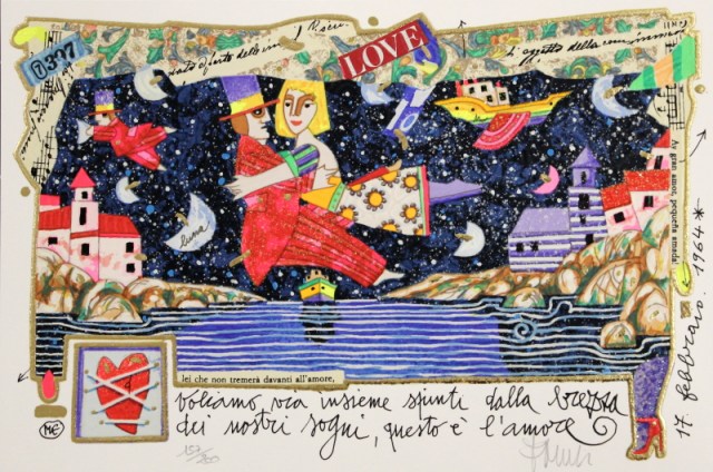Voliamo via insieme spinti dalla brezza dei nostri sogni, questo è l'amore - serigrafia polimaterica di Francesco Musante