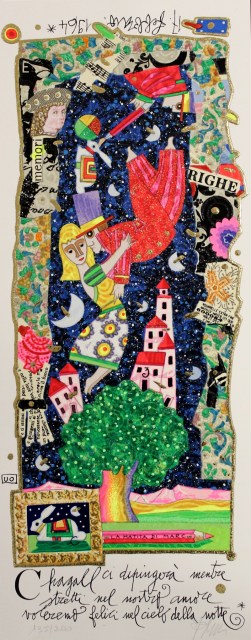 Chagall ci dipingerà mentre stretti nel nostro amore voleremo felici nel cielo della notte - serigrafia polimaterica di Francesco Musante