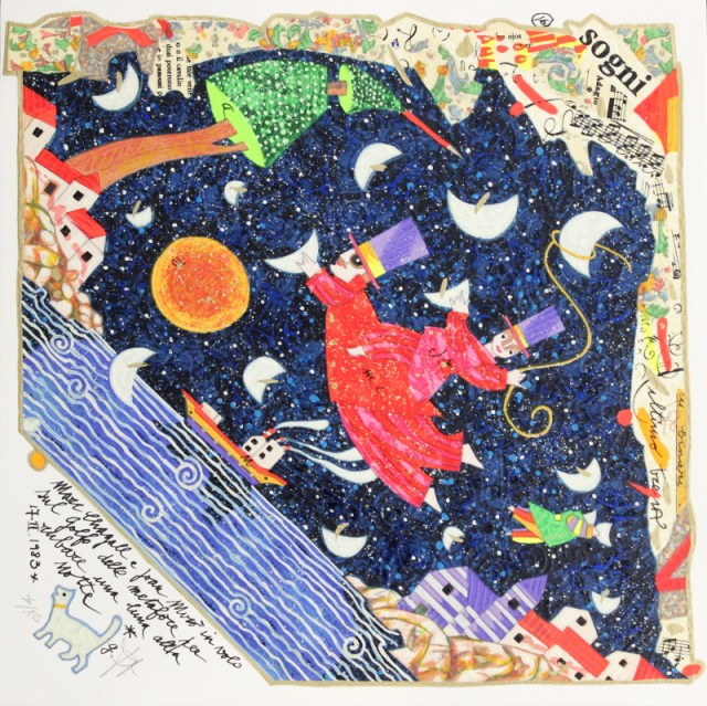 Marc Chagall e Joan Mirò in volo sul Golfo delle metafore per rubare una luna alla notte - serigrafia polimaterica di Francesco Musante