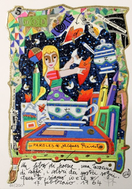 Un libro di poesie, una tazzina di caffè, i colori dei nostri sogni, questo siamo io e te - serigrafia polimaterica di Francesco Musante