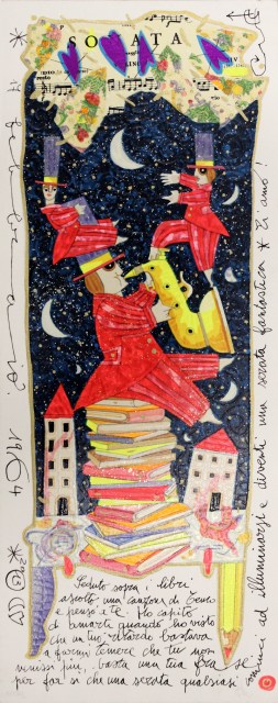 Seduto sopra i libri ascolto una canzone di Tenco e penso a te... - grafica di Francesco Musante