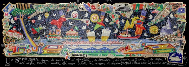 Una sera stellata piena di musica, di spaghetti, di brindisi, di poesia nell'aria, di sogni nei nostri occhi mentre De Andrè canta "La canzone di Marinella". E il treno corre sul binario dell'orizzonte - grafica di Francesco Musante