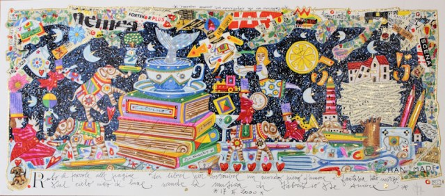 Rubo le parole alle pagine dei libri per costruire un mondo pieno d'amore e fantasia tutto nostro - grafica di Francesco Musante