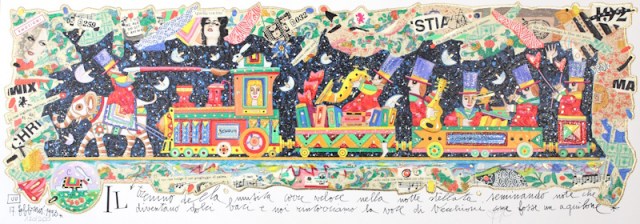 Il trenino della musica corre veloce nella notte stellata seminando note che diventano dolci baci e noi rincorriamo la voce di Vecchioni come fosse un aquilone - grafica di Francesco Musante