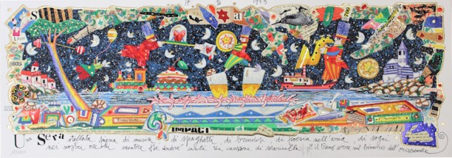 Una sera stellata piena di musica, di spaghetti, di brindisi, di poesia nell'aria di sogni nei nostri occhi mentre De Andrè canta "La canzone di Marinella". E il treno corre sul binario dell'orizzonte - grafica di Francesco Musante