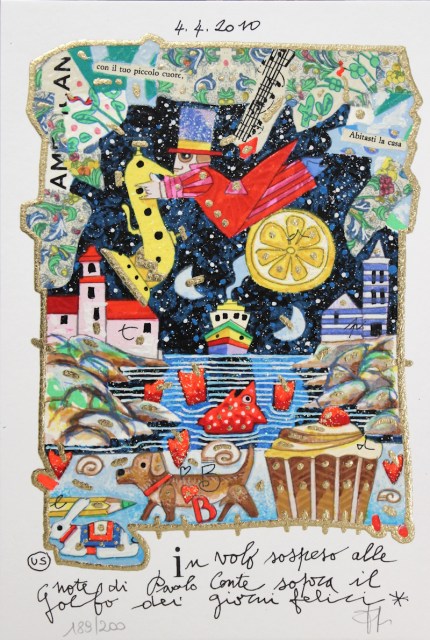 In volo sospeso alle note di Paolo Conte sopra il Golfo dei giorni felici - grafica di Francesco Musante