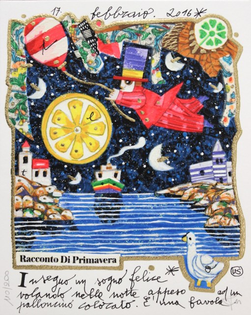 Inseguo un sogno felice volando nella notte appeso ad un palloncino colorato. E' una favola - grafica di Francesco Musante